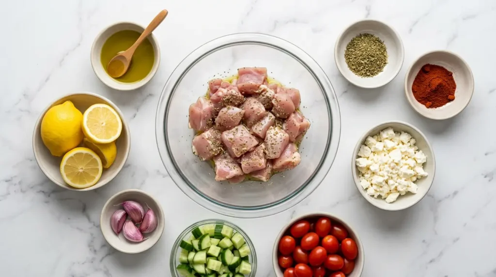 Chicken Greek Souvlaki Recipe 2 Fresh ingredients for a chicken souvlaki greek recipe, including chicken thighs, lemon, garlic, and oregano