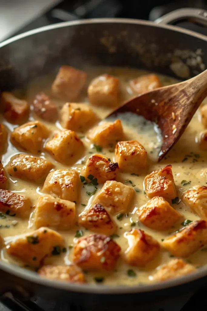 Chicken Zucchini Casserole 3 Seared chicken in a creamy cheese sauce in a skillet, a key step in making chicken zucchini casserole