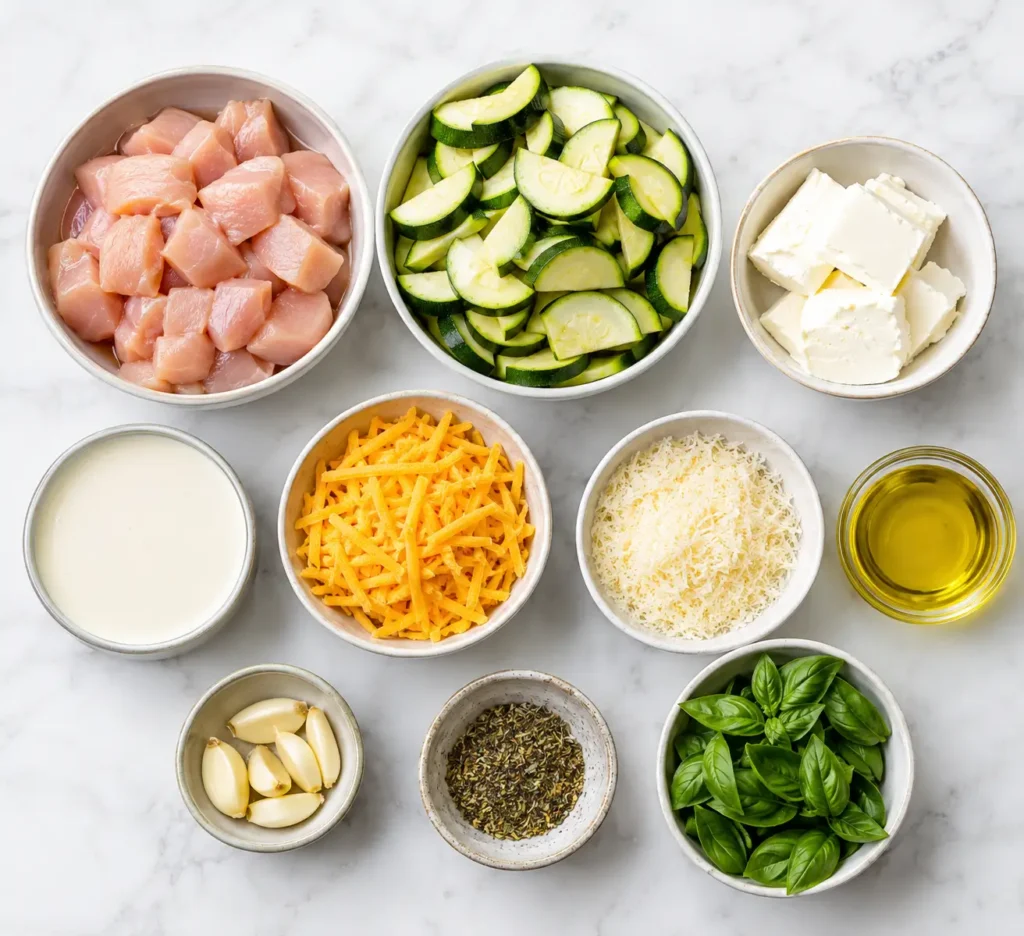 Chicken Zucchini Casserole 2 Fresh ingredients for chicken zucchini casserole laid out on a marble counter