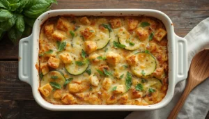 Chicken Zucchini Casserole Golden baked chicken zucchini casserole in a white dish topped with melted cheese and fresh basil