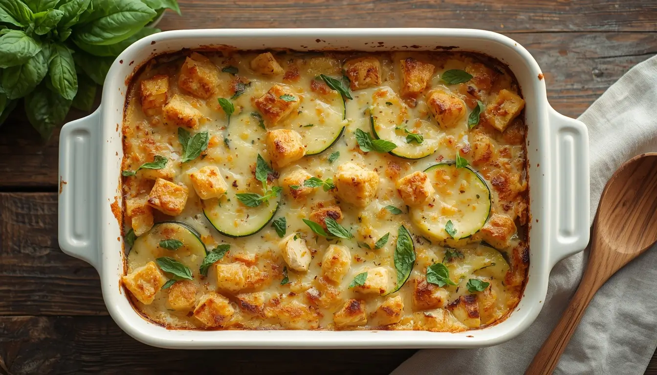 Chicken Zucchini Casserole 1 Golden baked chicken zucchini casserole in a white dish topped with melted cheese and fresh basil