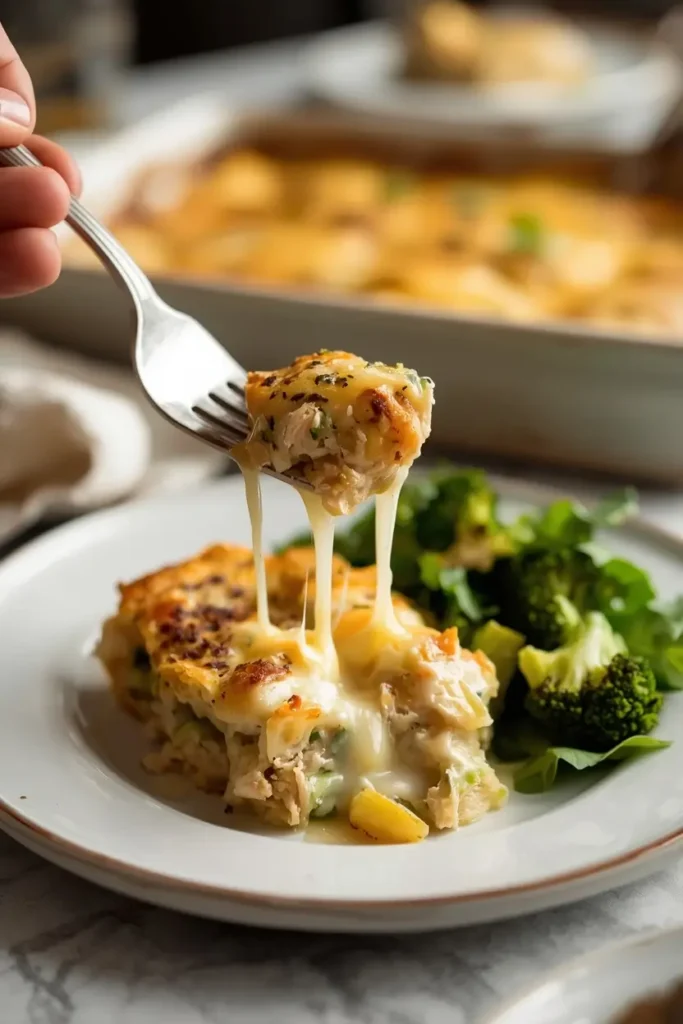 Chicken Zucchini Casserole 4 Plated chicken zucchini casserole served with roasted broccoli and a fresh green salad
