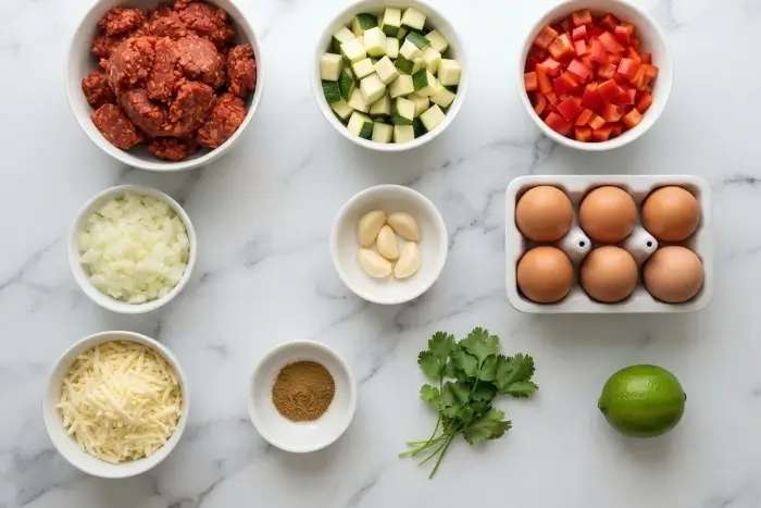 Ingredients for a low-carb chorizo recipe laid out on a marble counter