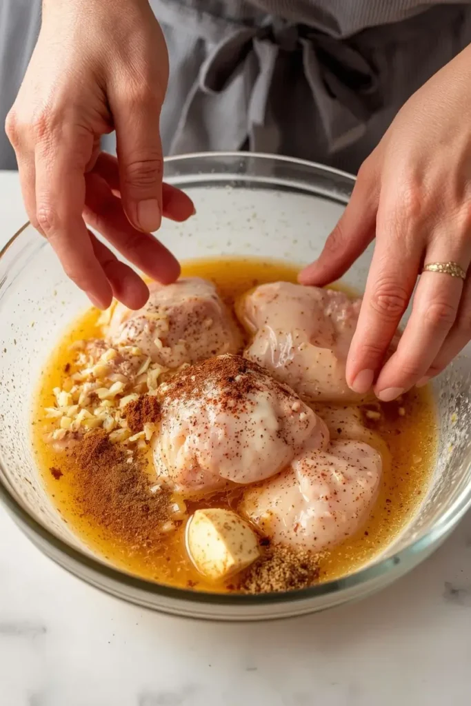 Hands coating raw chicken thighs in a thick golden yogurt marinade in a glass bowl