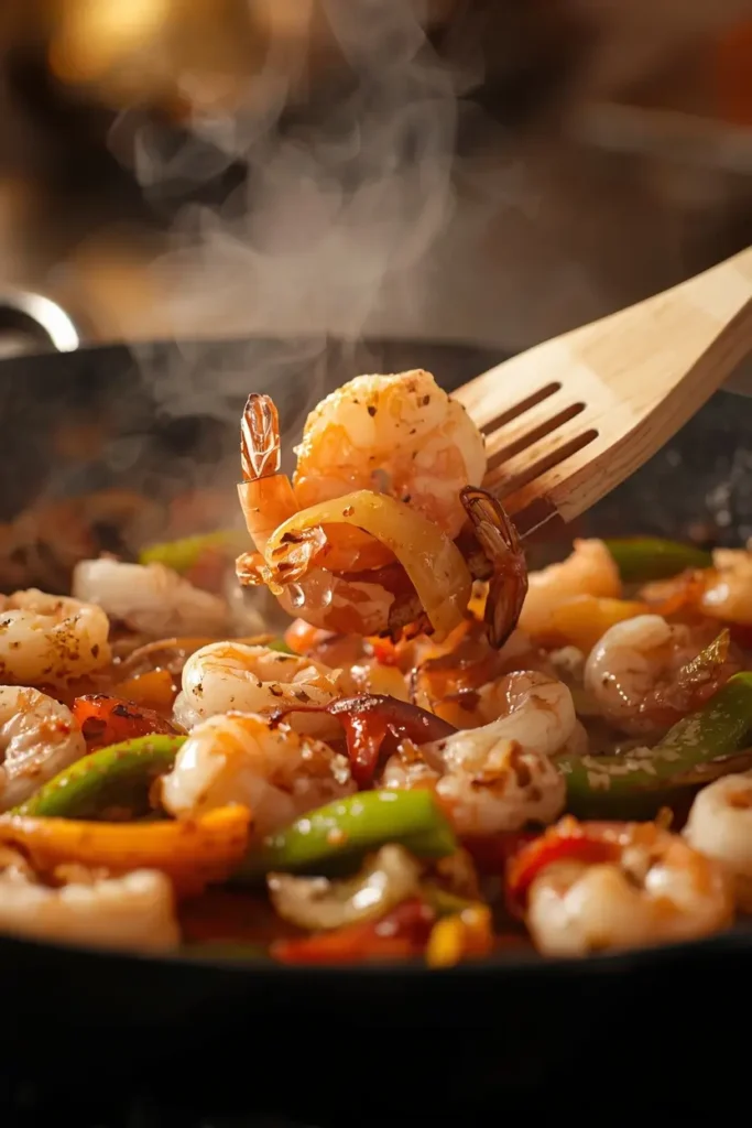 Shrimp Fajitas 3 Shrimp cooking in a skillet with peppers and onions for easy shrimp fajitas