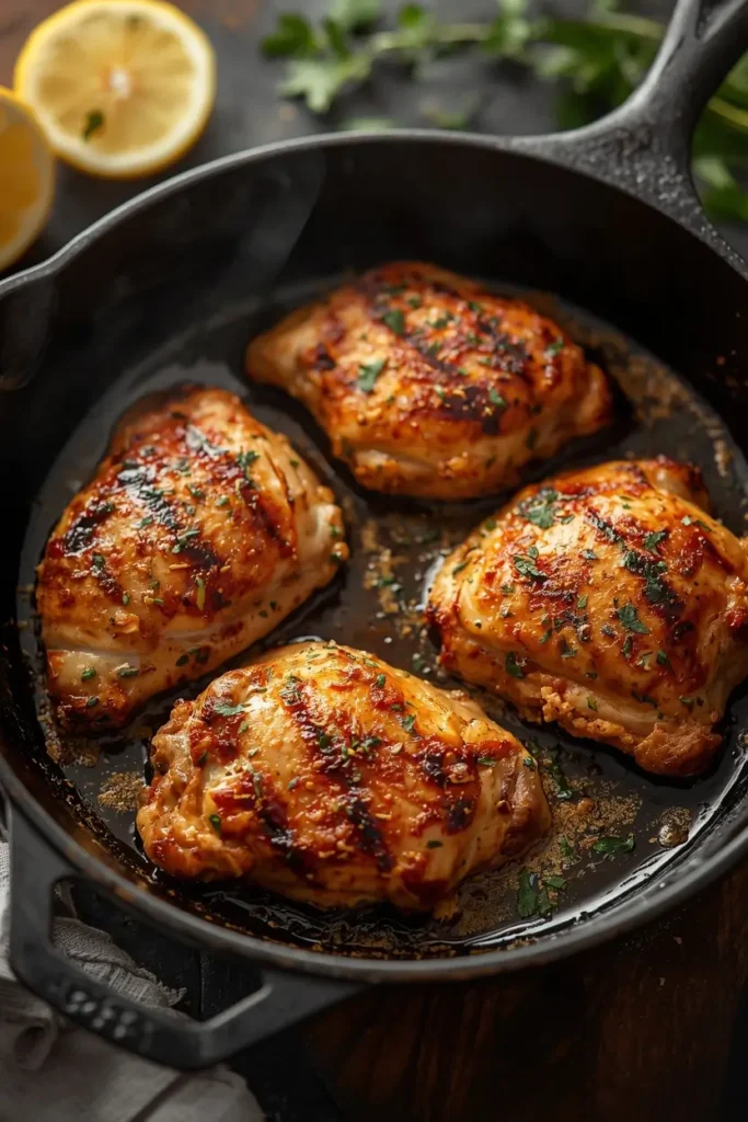 Yogurt marinated chicken browning in a cast iron skillet with lemon slices and fresh herbs