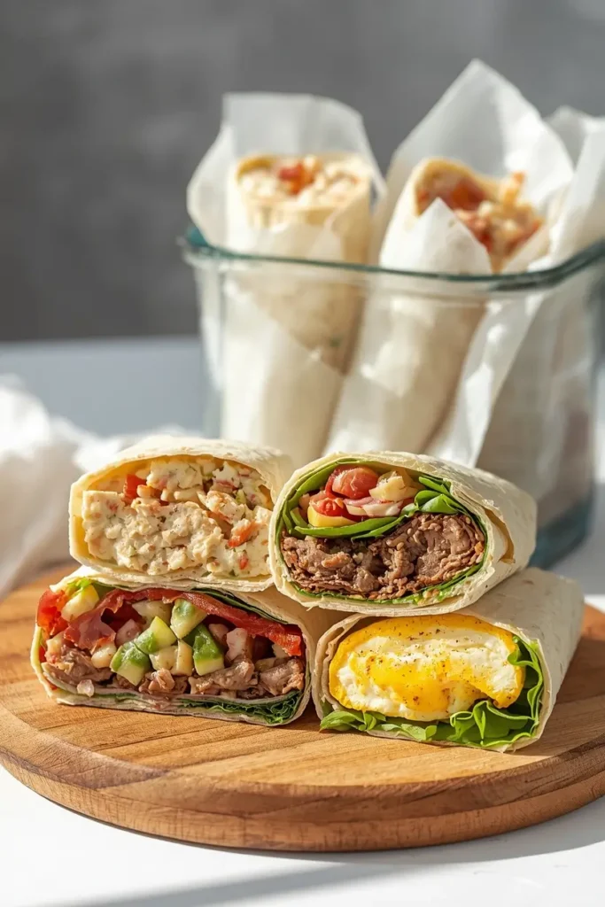 Cottage Cheese Wrap 4 Rolled cottage cheese wraps with different fillings beside a container of stored wraps
