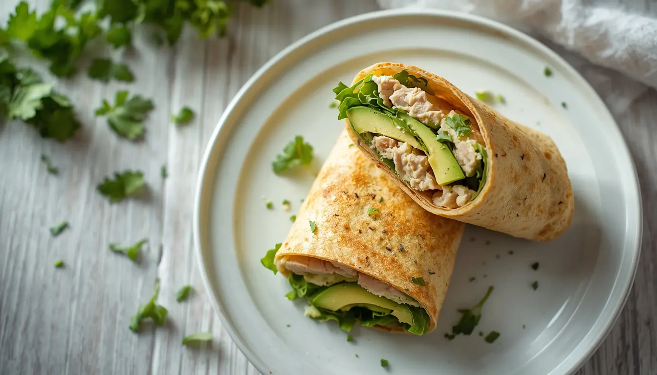Cottage Cheese Wrap 1 Cottage cheese wrap filled with turkey, avocado, and lettuce on a white plate