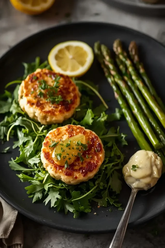 Crab Cake 5 Low-carb crab cake dinner served with arugula salad, asparagus, and lemon aioli