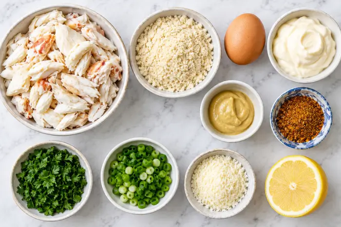 Crab Cake 2 Ingredients for a keto crab cake recipe including lump crab meat, almond flour, and lemon