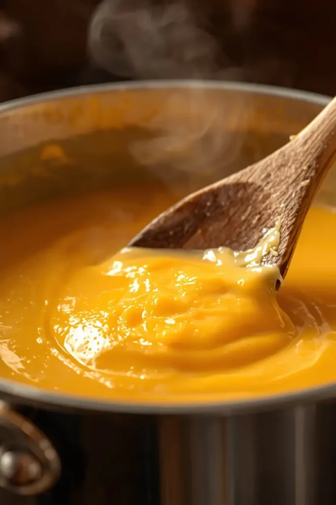 Cauliflower Mac and Cheese 4 Smooth cheddar cheese sauce stirring in a saucepan for cauliflower mac and cheese