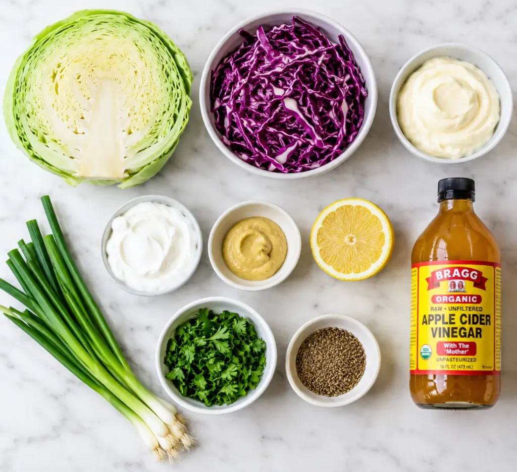 Creamy Keto Coleslaw 2 Fresh ingredients for creamy keto coleslaw recipe including cabbage, mayonnaise, sour cream, lemon and Dijon mustard