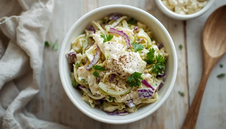 Bowl of creamy keto coleslaw with shredded green and purple cabbage topped with fresh parsley