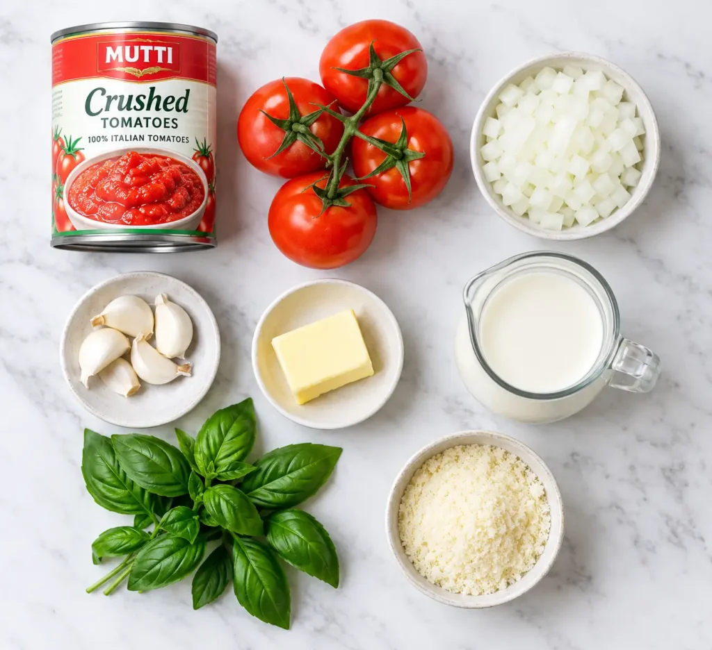 Fresh ingredients for creamy tomato soup including tomatoes, garlic, butter, heavy cream, and basil