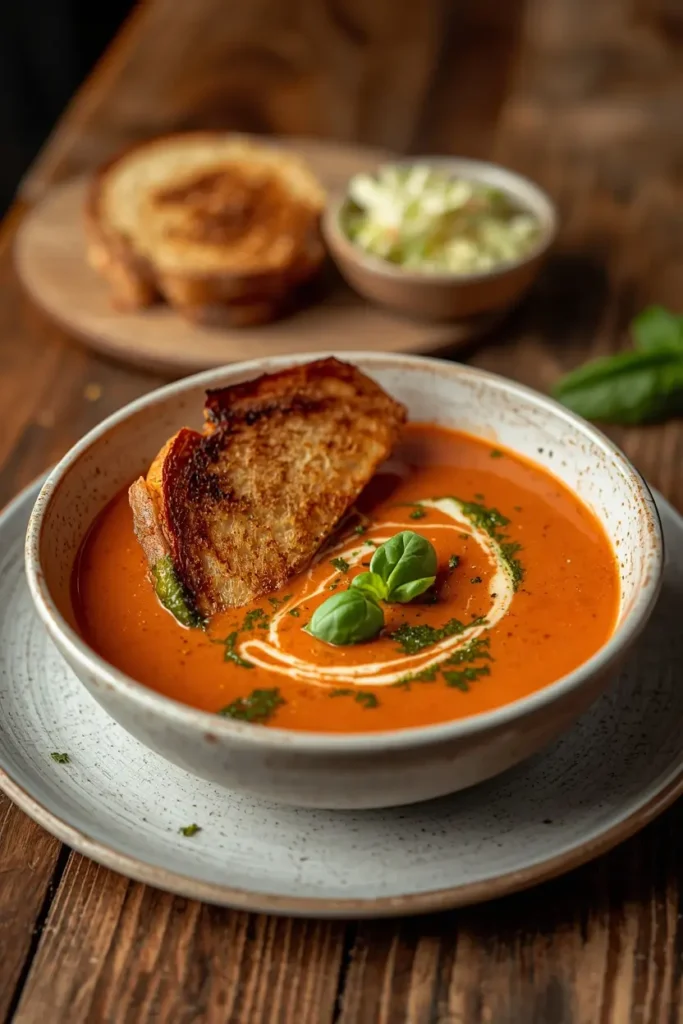 Creamy tomato soup served with a keto grilled cheese sandwich for a low-carb lunch