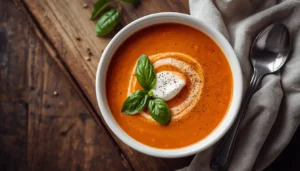 Creamy Tomato Soup Bowl of low-carb creamy tomato soup topped with cream swirl and fresh basil