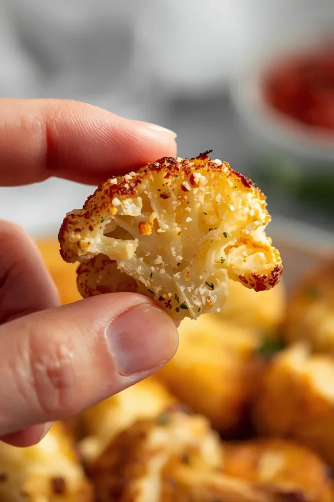 Roasted Cauliflower Bites 5 Close-up of a crispy roasted cauliflower bite with a golden parmesan crust