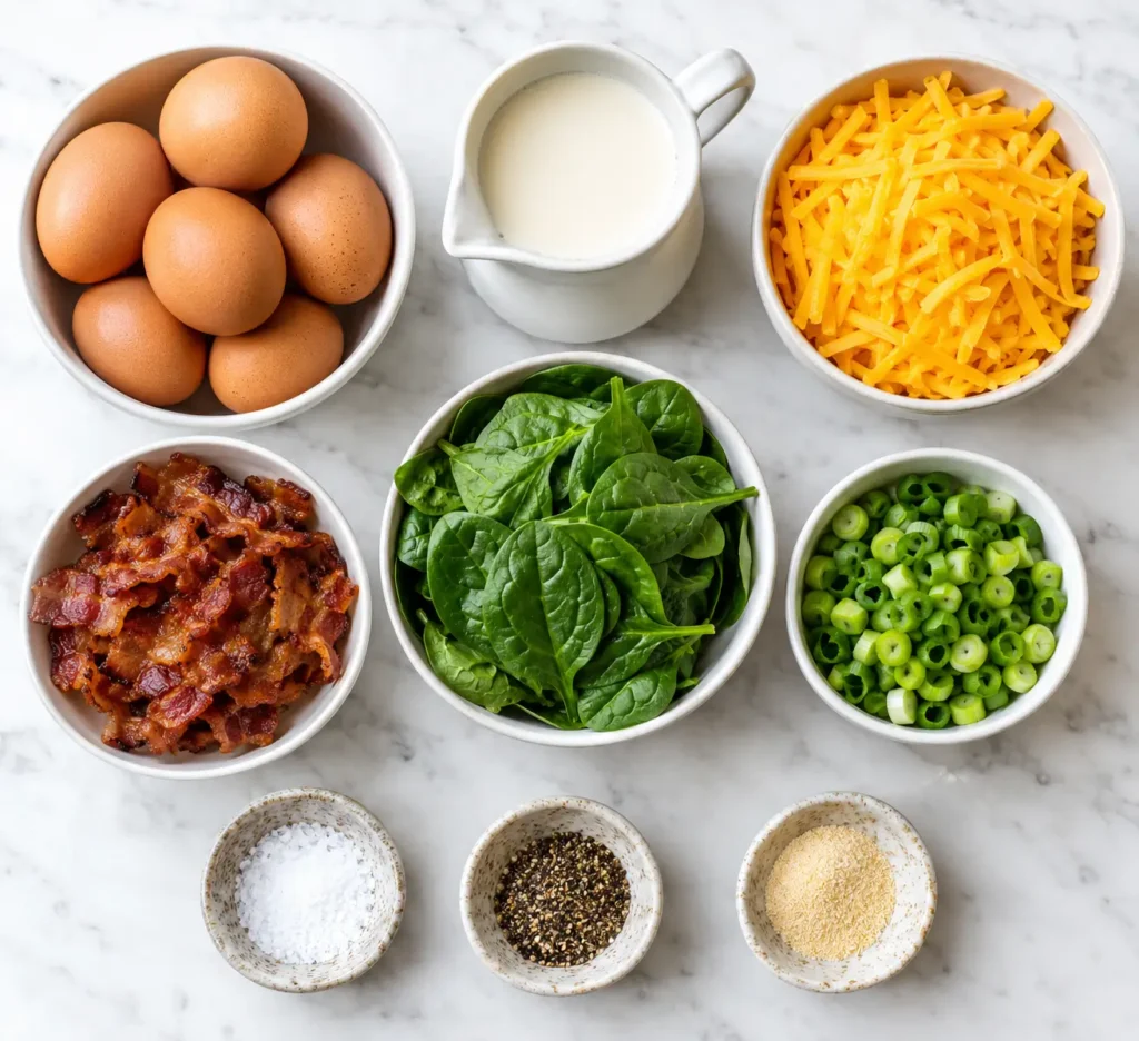 Crustless Quiche 2 Fresh ingredients for a crustless quiche recipe, including eggs, cream, cheddar, bacon, and spinach
