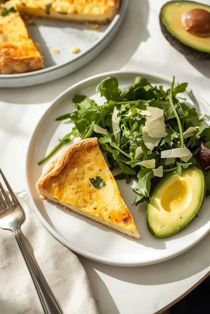 Crustless Quiche 5 Slice of crustless quiche served with lemon arugula salad and avocado for a low-carb lunch