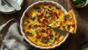 Crustless Quiche Golden crustless quiche with bacon, spinach, and cheddar in a white pie dish with one slice removed