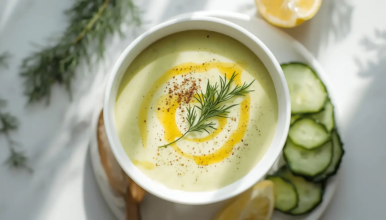 Cucumber Soup 1 Creamy low-carb cucumber soup in a white bowl topped with dill and olive oil