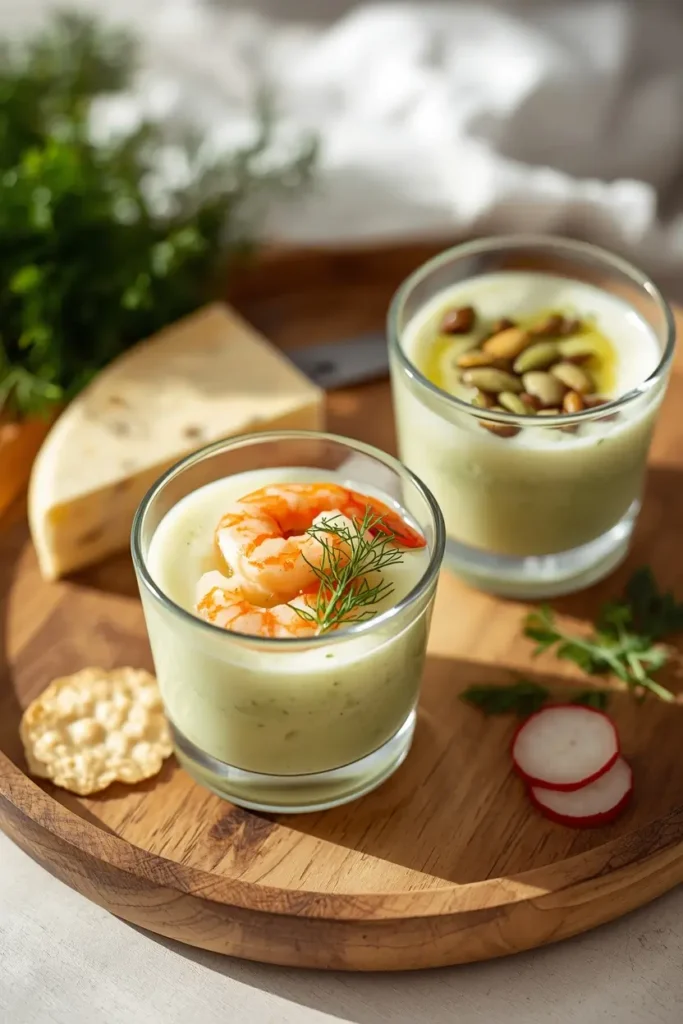 Cucumber Soup 4 Cucumber soup served in small glasses with shrimp, pumpkin seeds, and a cheese crisp