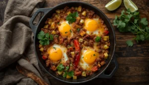 Chorizo Recipe Easy chorizo recipe in a cast iron skillet with zucchini, peppers, eggs, and melted cheese