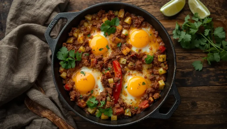 Easy chorizo recipe in a cast iron skillet with zucchini, peppers, eggs, and melted cheese