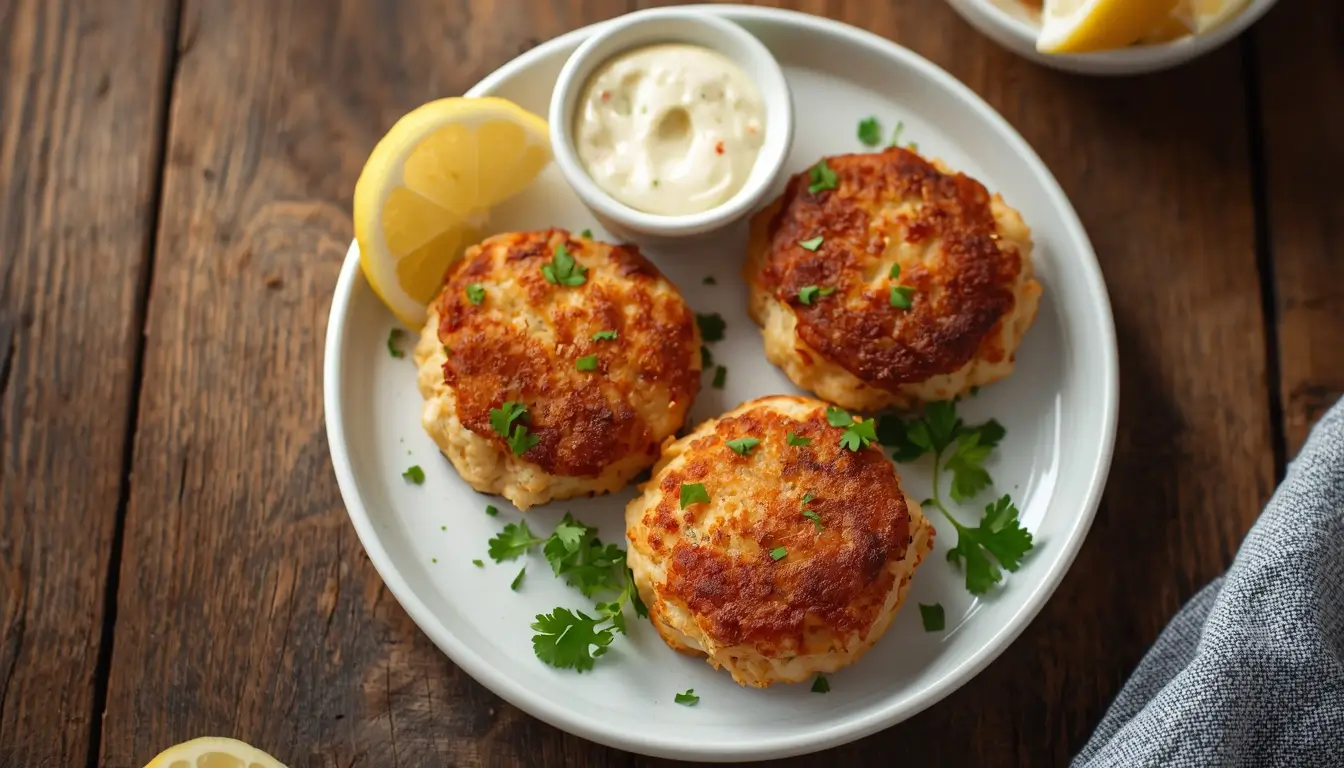 Crab Cake 1 Three golden low-carb crab cakes on a white plate with lemon wedge and aioli