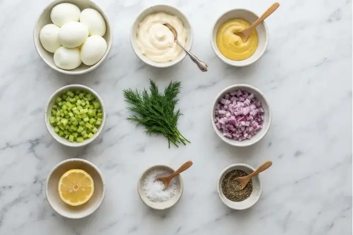 Easy Egg Salad 2 Ingredients for an easy egg salad recipe laid out on a marble counter