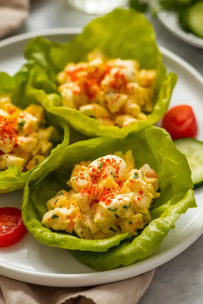 Easy Egg Salad 3 Easy egg salad served in butter lettuce cups for a low-carb lunch