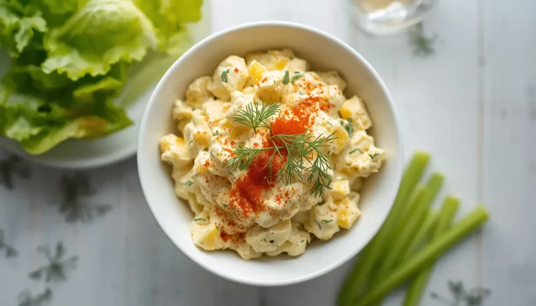 Bowl of easy egg salad topped with paprika and fresh dill