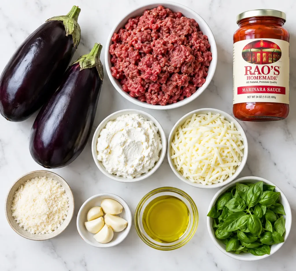 Eggplant Lasagna 2 Ingredients for an eggplant lasagna recipe including eggplant, ricotta, mozzarella and meat sauce