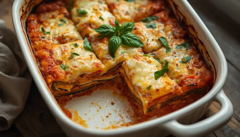 Baked eggplant lasagna with golden melted mozzarella and fresh basil in a white baking dish