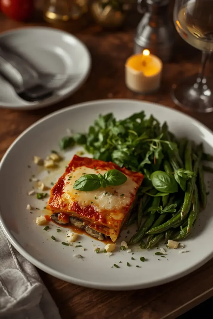Eggplant Lasagna 5 Slice of keto eggplant lasagna served with arugula salad and green beans