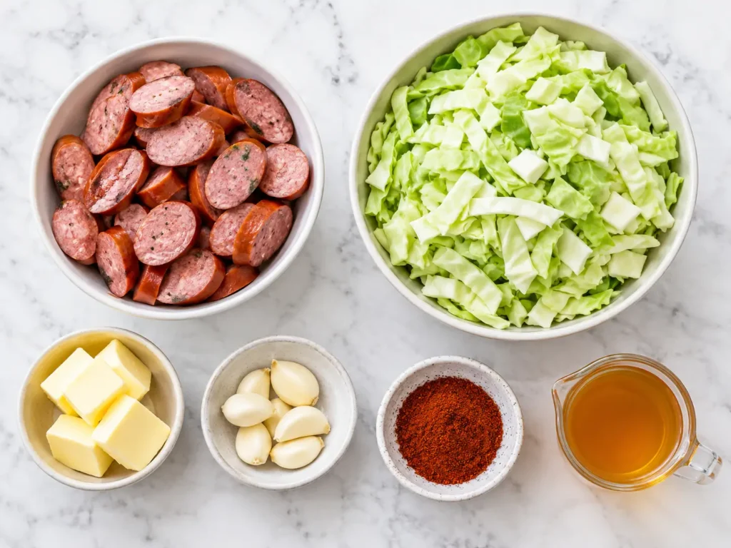 Fried Cabbage and Sausage 2 Ingredients for fried cabbage and sausage including smoked sausage, cabbage, garlic, and butter