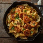 Skillet of fried cabbage and sausage with golden caramelized edges