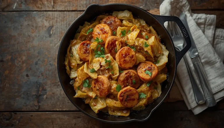Skillet of fried cabbage and sausage with golden caramelized edges