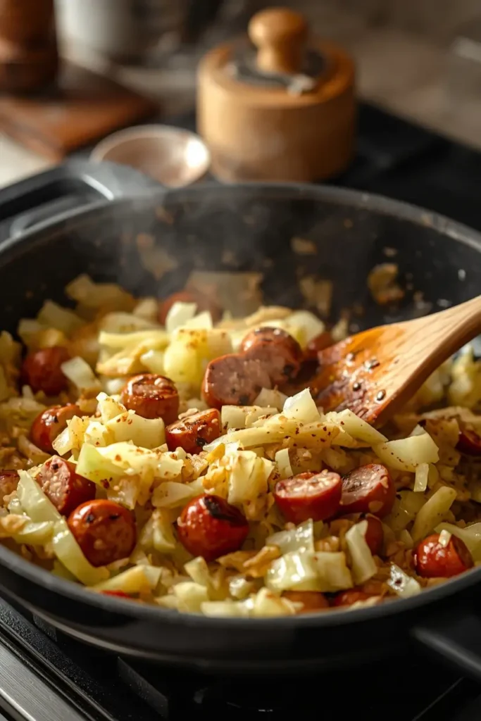 Fried Cabbage and Sausage 4 Cabbage frying in a skillet with sausage for an easy fried cabbage and sausage dinner
