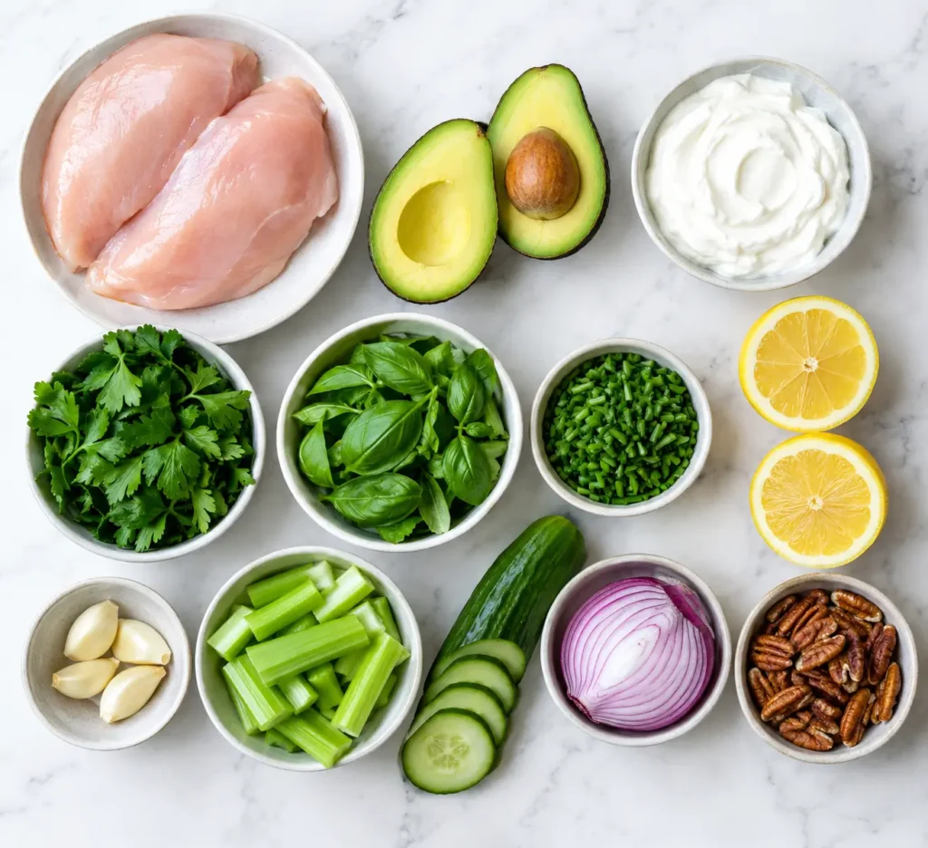 Green Goddess Chicken Salad 2 Fresh ingredients for green goddess chicken salad recipe including chicken, avocado, herbs, and lemon