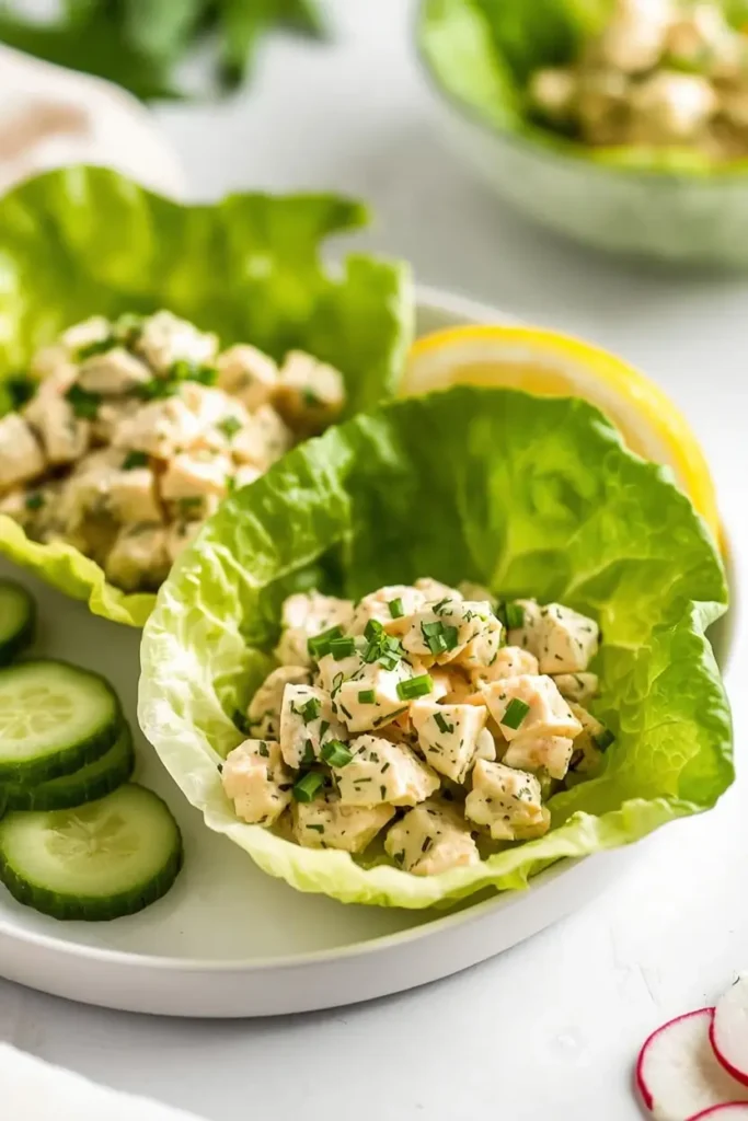 Green Goddess Chicken Salad 4 Green goddess chicken salad served in butter lettuce cups with cucumber and lemon wedge