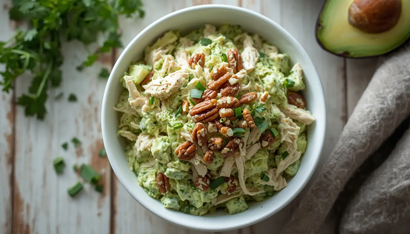 Green Goddess Chicken Salad 1 Bowl of creamy green goddess chicken salad with shredded chicken, celery, cucumber, and fresh herbs