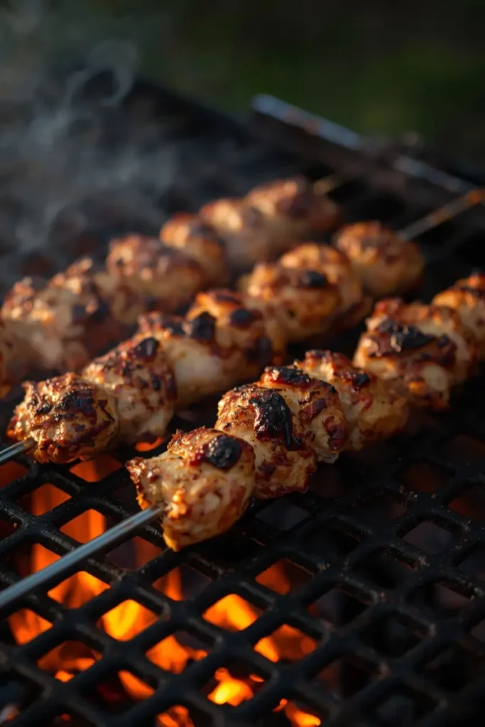 Chicken Greek Souvlaki Recipe 4 Chicken souvlaki skewers charring on the grill for a low-carb Greek lunch