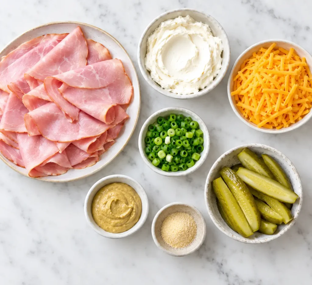 Ham Roll Ups 2 Simple ingredients for ham roll ups including deli ham, cream cheese, cheddar, and pickles