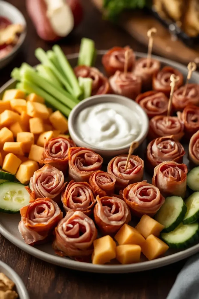 Ham Roll Ups 4 Party platter of keto ham roll ups with celery, cucumber, cheese cubes, and ranch dip