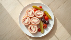 Ham Roll Ups Easy low-carb ham roll ups sliced into pinwheels on a white plate with pickles and cherry tomatoes