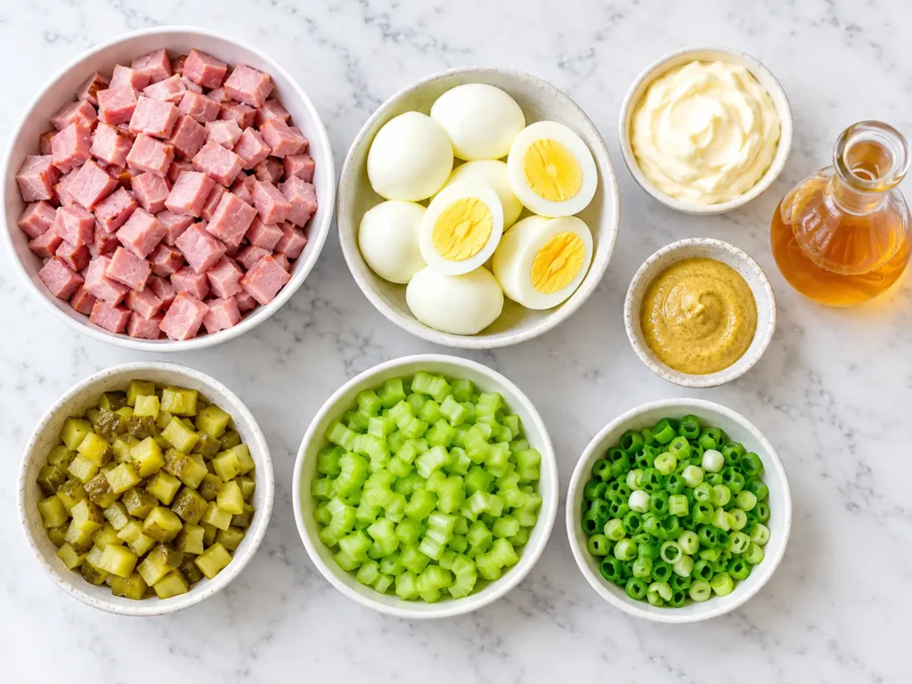 Ham Salad 2 Fresh ingredients for a keto ham salad recipe laid out on a marble counter