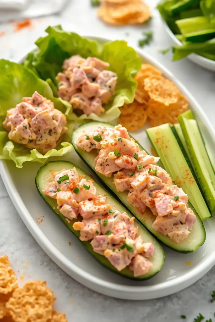 Ham Salad 4 Low-carb ham salad served in lettuce cups, cucumber boats, and celery sticks