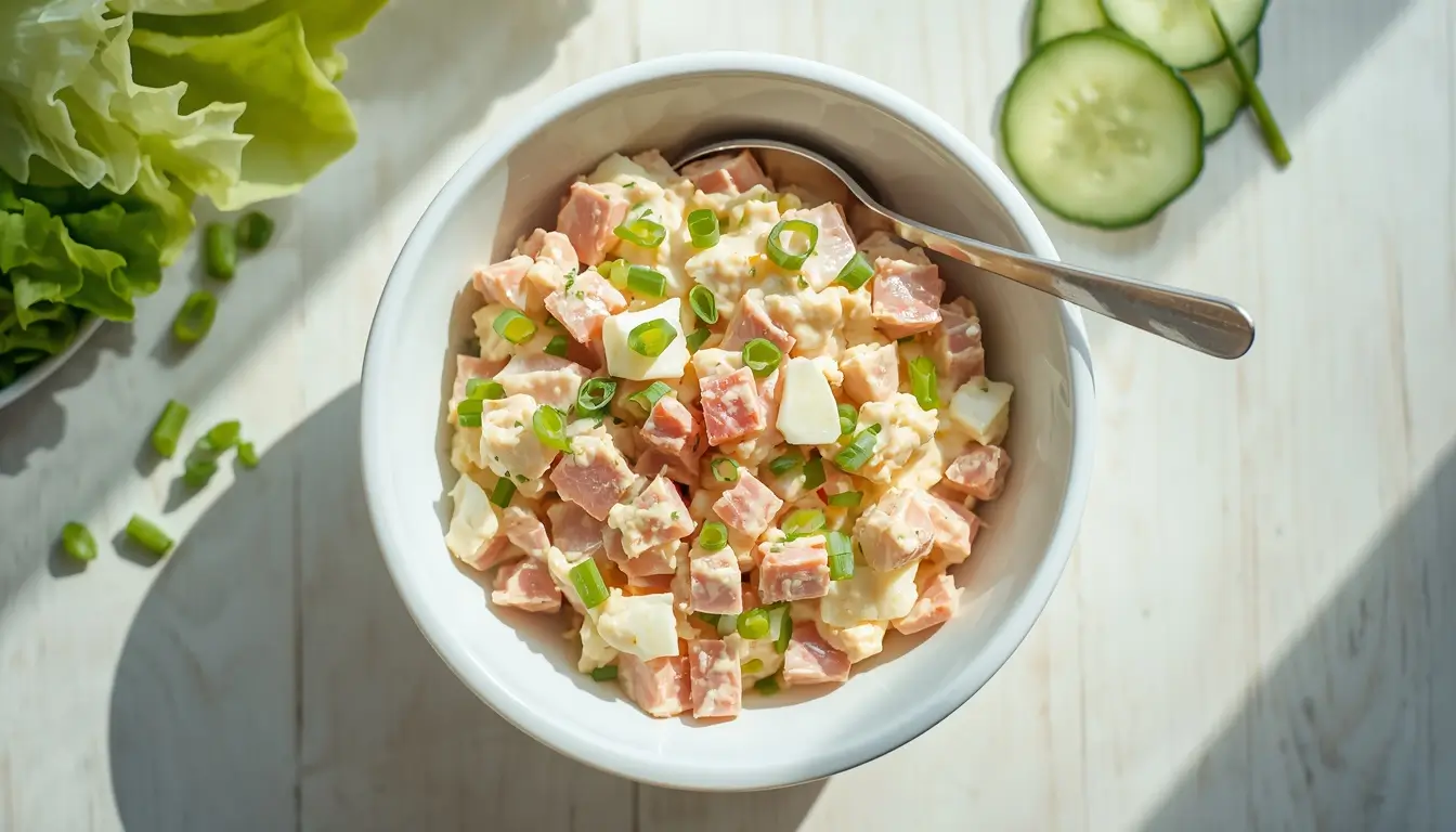 Ham Salad 1 Creamy low-carb ham salad in a white bowl with lettuce cups and cucumber slices