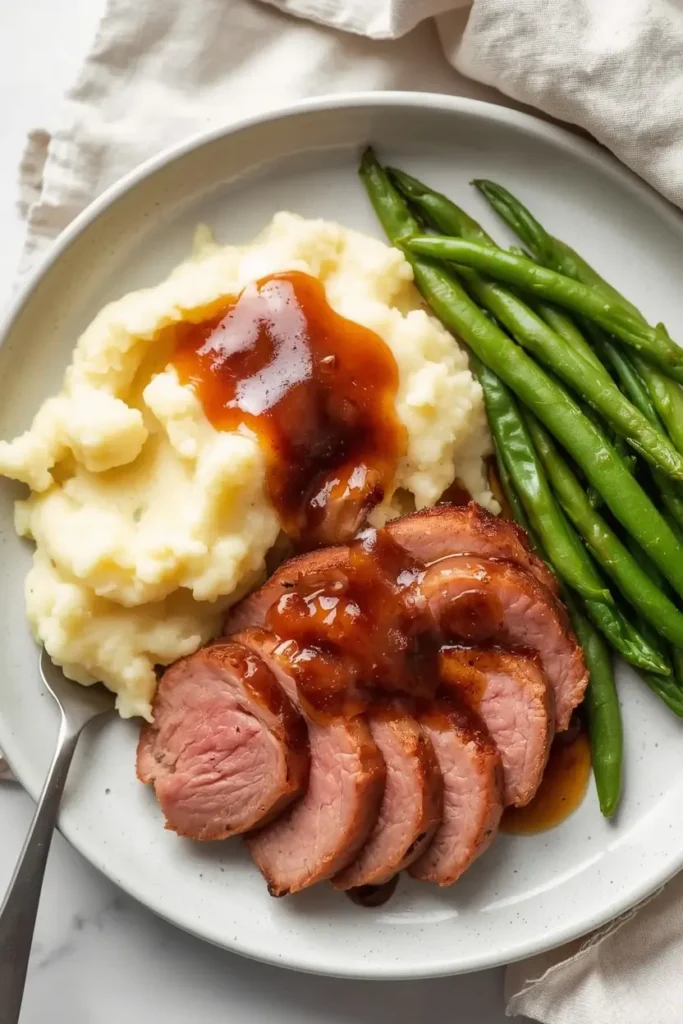 Ham Steak 4 Sliced ham steak served with cauliflower mash and green beans on a white plate